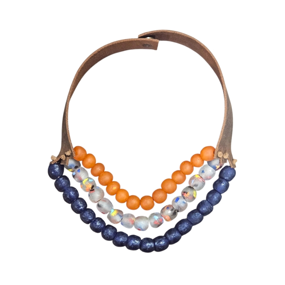 New Handmade Krobo Bead And Leather Necklace